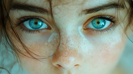 Fototapeta premium Close-up Portrait of a Woman with Blue Eyes and Freckles