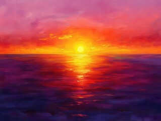 Obraz premium vibrant sunset painted with fiery shades of orange, pink, purple, and yellow, creating a panoramic view that captures the ethereal beauty of twilight, evoking feelings of peace and inspiration