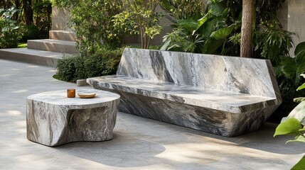 A marble bench with a matching stone table in a peaceful outdoor caf setting.