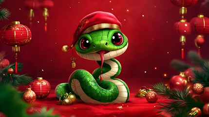 A festive cartoon snake wearing a Santa hat amidst Christmas decorations.