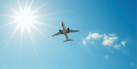 Airplane after departure on its way to the destination in front of cloudy sky, Passenger and goods transportation in aviation