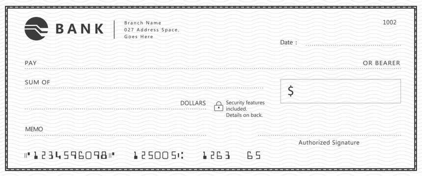 Empty money cheque. Bank check. check book template with pattern and blank fields. Currency payment coupon, US dollar check background.
