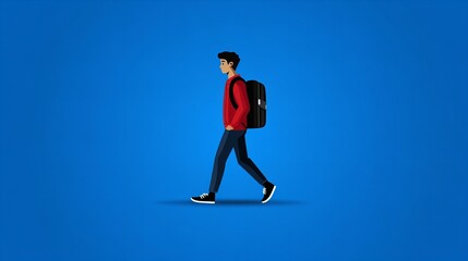 Illustration of a young man in a red sweater walking with a backpack against a plain blue background, symbolizing journey and individuality