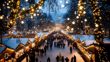 Obraz premium A festive holiday market illuminated with lights and decorations.