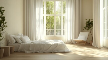 A master bedroom with light ash parquet flooring, airy curtains, and modern, minimalist decor.