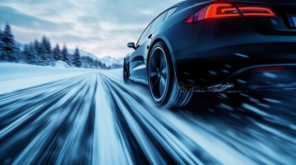 A black sports car races along a snow-covered road, showcasing the power and precision of winter driving in a stunning alpine setting