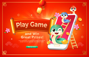 Chinese New Year 2025 game contest banner with cute snake zodiac, chinese lanterns and gold ingots. Holiday vector illustration template.
