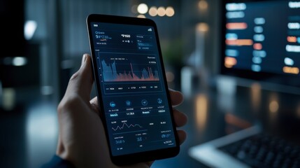 A mobile app interface displaying real-time financial data, promoting fintech and smart investments.