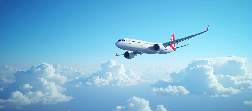 Airplane after departure on its way to the destination in front of cloudy sky, Passenger and goods transportation in aviation