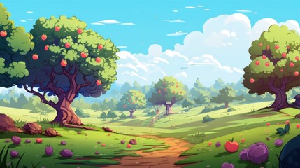 A Sunny Day in an Orchard with Fruit Trees and a Path