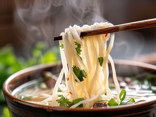 Pho Bo Steaming Noodles in Bowl with Fresh Herbs Being Lifted by Chopsticks, Vietnamese Cuisine, Gourmet Experience Concept