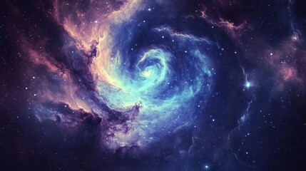 Naklejka premium A nebula shaped like a cosmic whirlpool, with swirling clouds of gas in shades of blue and purple.