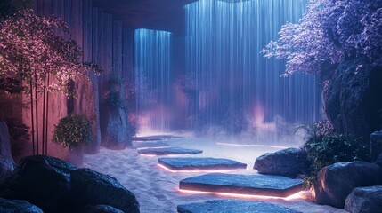 A futuristic zen garden with a stone pathway leading through glowing sand to a meditation space surrounded by holographic waterfalls