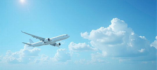 Fototapeta premium Airplane after departure on its way to the destination in front of cloudy sky, Passenger and goods transportation in aviation