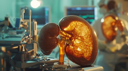Obraz premium Anatomy of human liver detailed view of lobes and ducts hepatologist with imaging equipment hospital setting with liver models