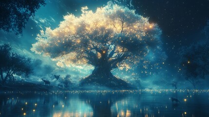 Fototapeta premium A massive tree of glass, its branches stretch into the cosmos, morphing into rivers of glowing stars. Misty animals roam a mirrored forest below