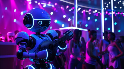 Fototapeta premium 3d abstract cartoon friendly assistant Futuristic robot DJ plays music with headphones and microphone in club with neon glowing bright pink purple lights. Cyber human cyborg AI background. Party sound