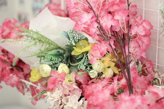 a decorative background image of various pink flowers