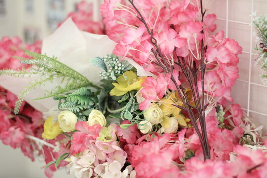 a decorative background image of various pink flowers
