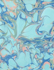 Hand Painted Abstract Marbled Artwork Light Blue Florals