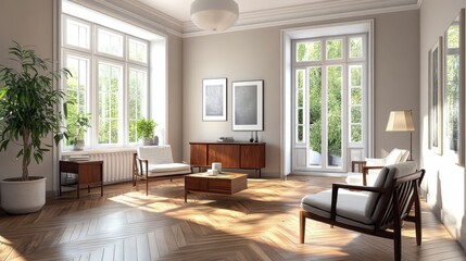 A parquet floor in a chic apartment, paired with mid-century modern furniture and decor.