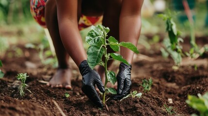 Naklejka premium A person planting a tree in a community garden, symbolizing eco-friendly environmental stewardship.