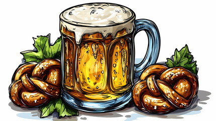 A frothy beer mug beside pretzels and green leaves.