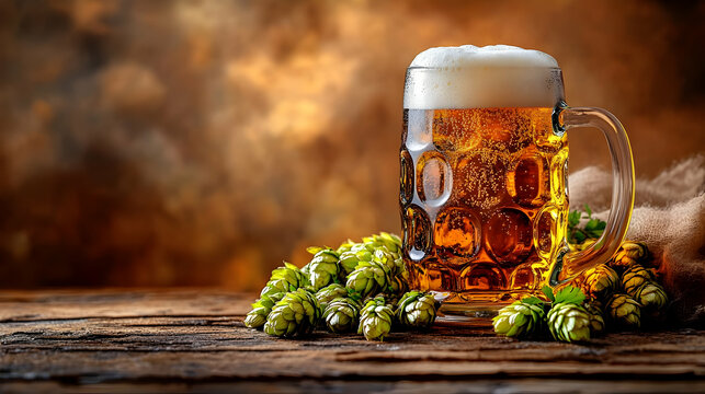 A frothy beer mug beside fresh hops on a rustic wooden table.