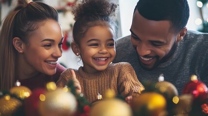A Happy Family Smiles Together Amidst Christmas Decorations
