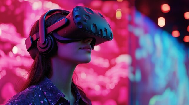 A person wearing a VR headset, immersed in a virtual reality environment with vivid 3D graphics.