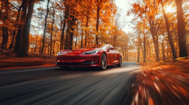 A red car is driving on the road in an autumn forest, with a motion blur effect and high speed. 