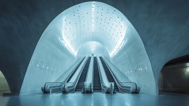 A high-tech metro station built in a circular form, escalators moving in rhythmic patterns, trains gliding through tunnels in flawless coordination