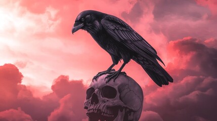 Fototapeta premium Black raven perched on skull with ominous clouds in watercolor style.