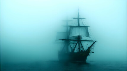 Fototapeta premium A ghostly ship emerges from thick fog on a calm sea.