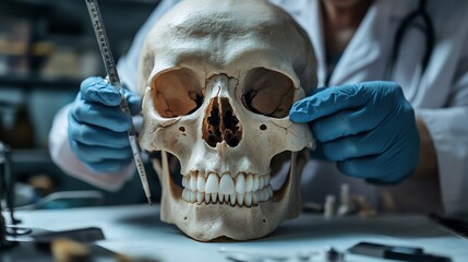 Anatomy of human skull bones and sutures forensic anthropologist with measuring tools laboratory background