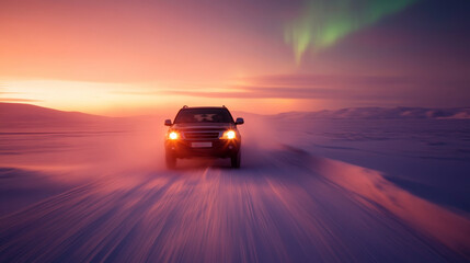 Car driving on a snowy road, at the night, beautiful aurora colors in the night winter sky. The winter landscape northern light.