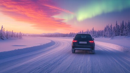 Car driving on a snowy road, at the night, beautiful aurora colors in the night winter sky. The winter landscape northern light.