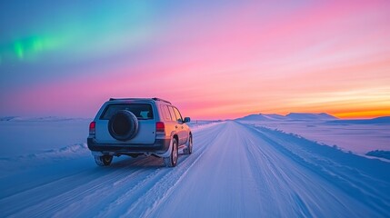 Car driving on a snowy road, at the night, beautiful aurora colors in the night winter sky. The winter landscape northern light.