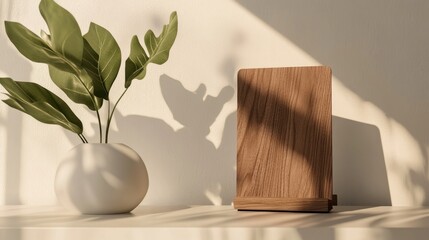 Personalized minimalist wooden photo stand with engraved text, sleek design.