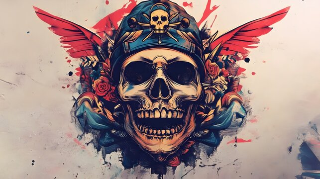 Creative tattoo.pirate skull with flowers wreath vector illustration. A skull and roses  woodcut etching design like a classic tattoo. Gothic skull with floral crown.Sceleton with roses flowers