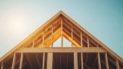 Obraz premium 46. A wooden house being built, with beams and trusses visible under a clear sky