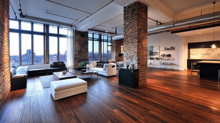 A spacious loft with a dark walnut parquet floor, complemented by industrial-style decor.