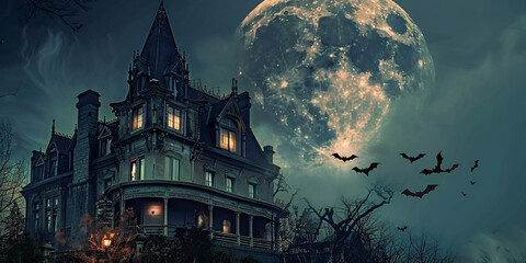 "Spooky Haunted Mansion Under Full Moon with Bats Flying", "Dark Gothic Mansion with Creepy Atmosphere on Moonlit Night"
