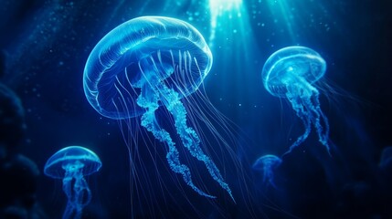 Glowing jellyfish illuminate deep blue ocean, underwater glowtime, captivating surreal marine life.