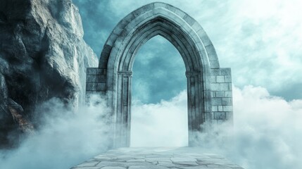 Gothic arch leading into dense fog, ancient stone, watercolor style.