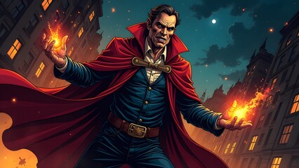 A Mystical Sorcerer commands Flames within an Urban Nightscape filled with intrigue