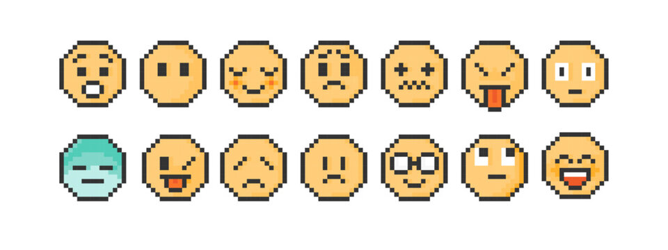 顔文字のドット絵 ピクセル ベクター アイコン セット 2 ( 表情 ポップ レトロ 懐かしい ビデオゲーム )