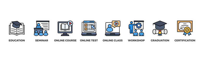 Online training banner web icon vector illustration concept with icon of education, seminar, online course, online test, online class, workshop, graduation, certification