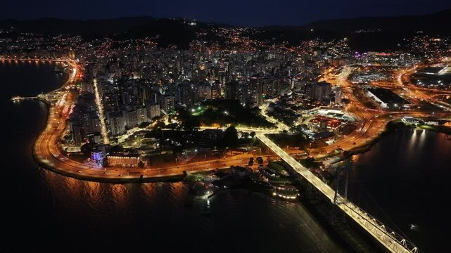 City At Night At Florianopolis In Santa Catarina Brazil. Illuminated City. Traffic Downtown. Cityscape Landscape. City At Night At Florianopolis In Santa Catarina Brazil. Tourism Landmark.