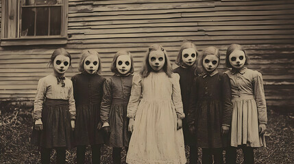 Naklejka premium A haunting image of girls with pale faces and dark eyes.